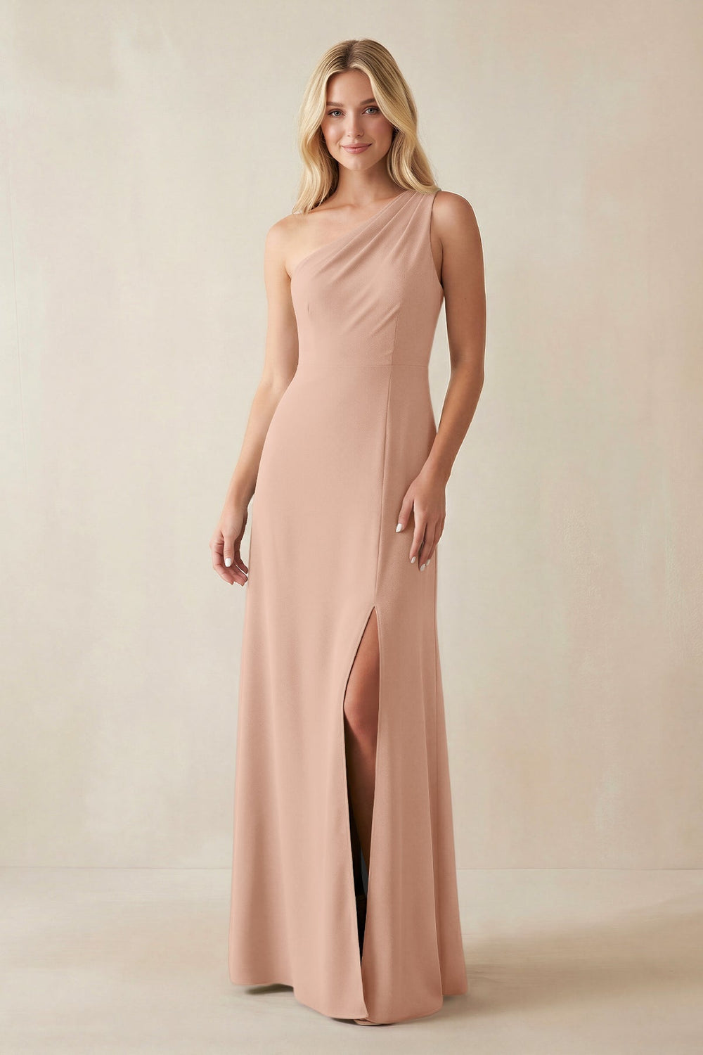 One-Shoulder Sheath Satin Bridesmaid Dress With Slit in Champagne Rose