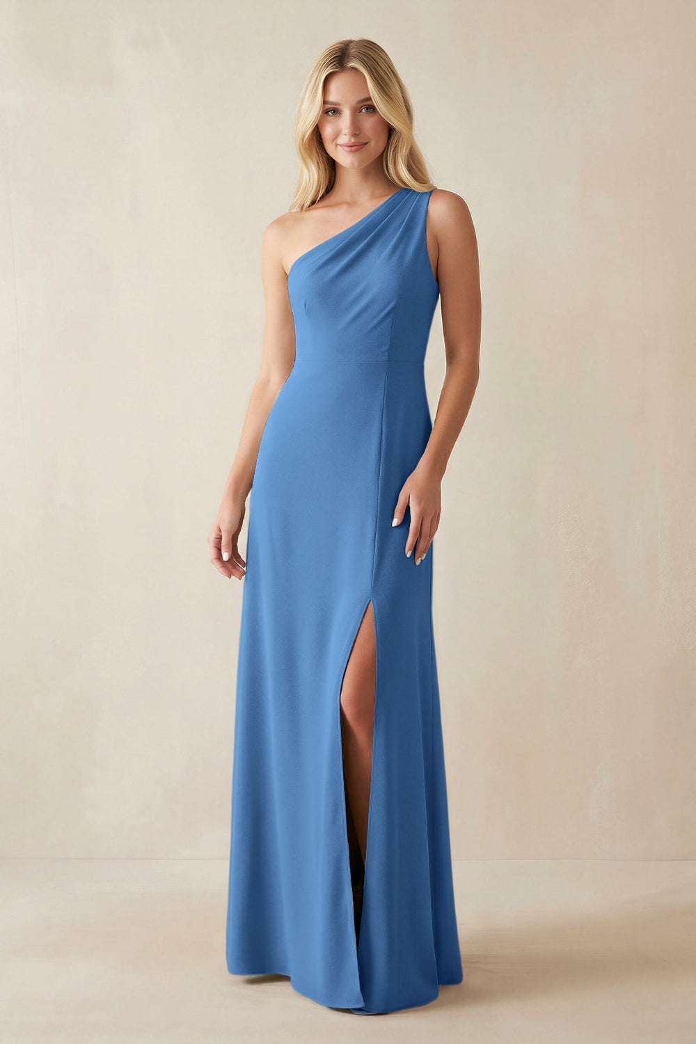 One-Shoulder Sheath Satin Bridesmaid Dress With Slit in Dusty Blue