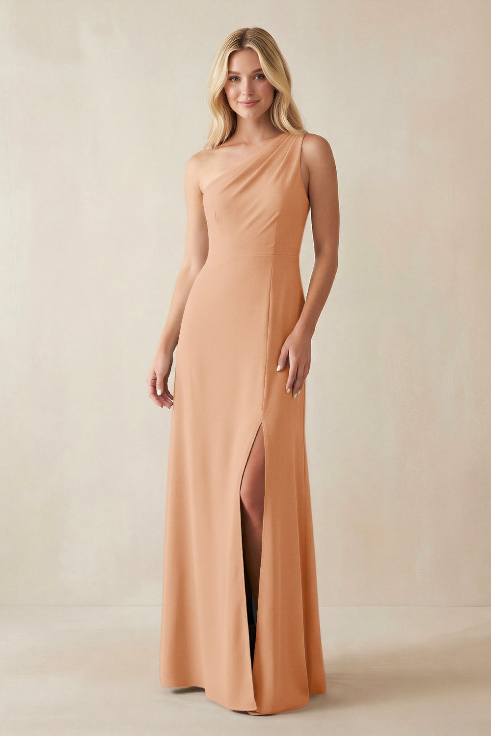 One-Shoulder Sheath Satin Bridesmaid Dress With Slit in Golden Champagne