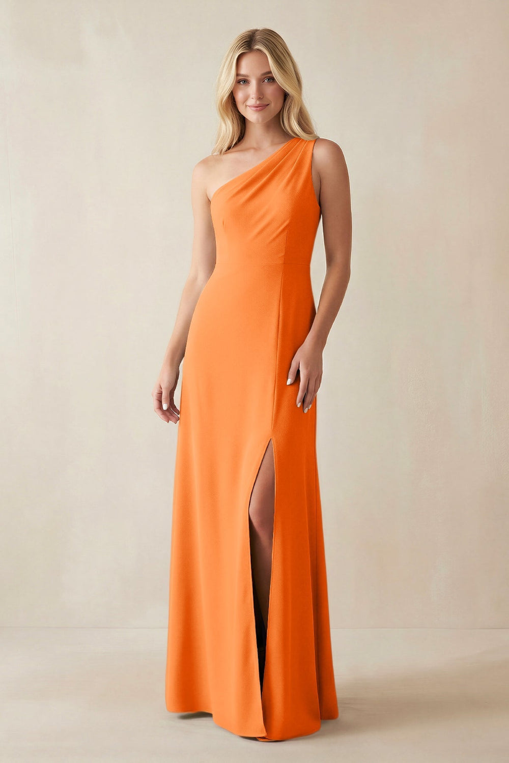 One-Shoulder Sheath Satin Bridesmaid Dress With Slit in Orange
