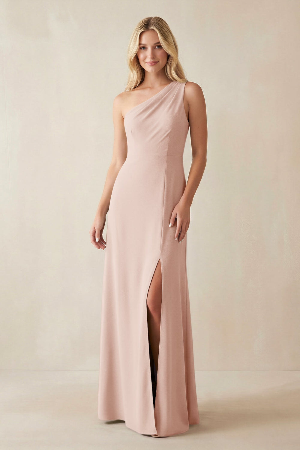One-Shoulder Sheath Satin Bridesmaid Dress With Slit in Pale Blush