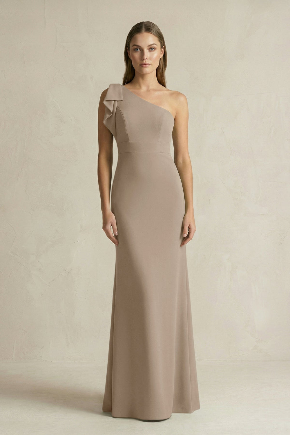 One-Shoulder Sheath Satin Long Bridesmaid Dress in Almond