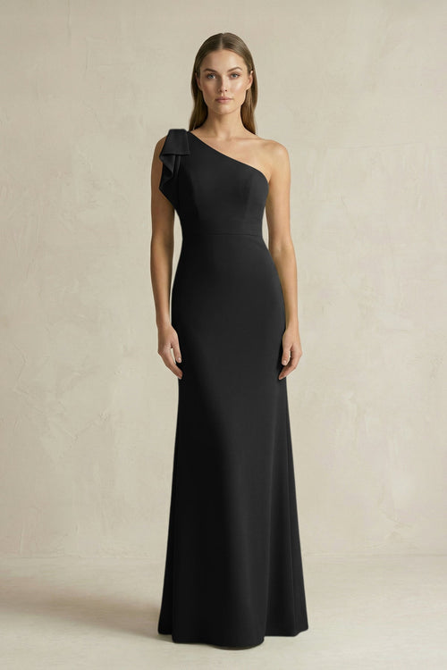 One - Shoulder Sheath Satin Long Bridesmaid Dress in Black - KISS BRIDAL Bridesmaid Dresses