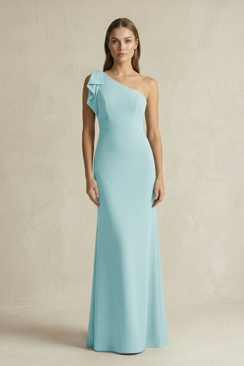 One-Shoulder Sheath Satin Long Bridesmaid Dress in Bleached Aqua