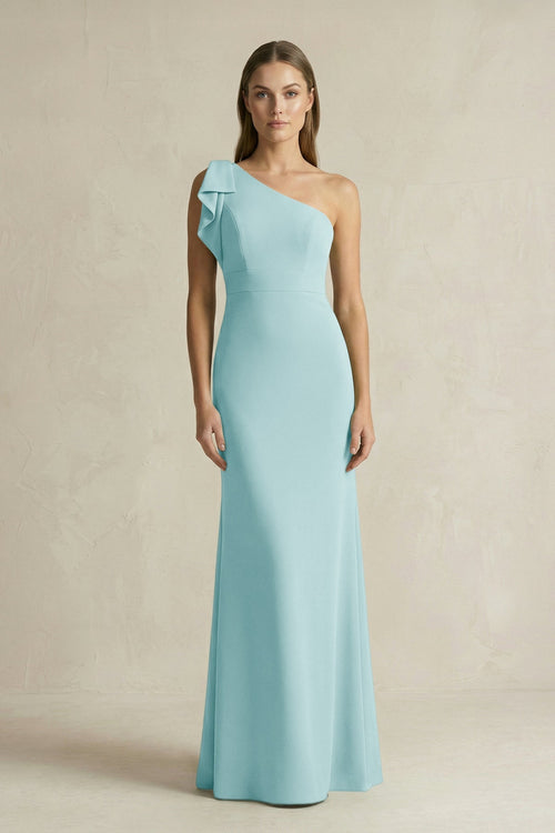 One - Shoulder Sheath Satin Long Bridesmaid Dress in Bleached Aqua - KISS BRIDAL Bridesmaid Dresses