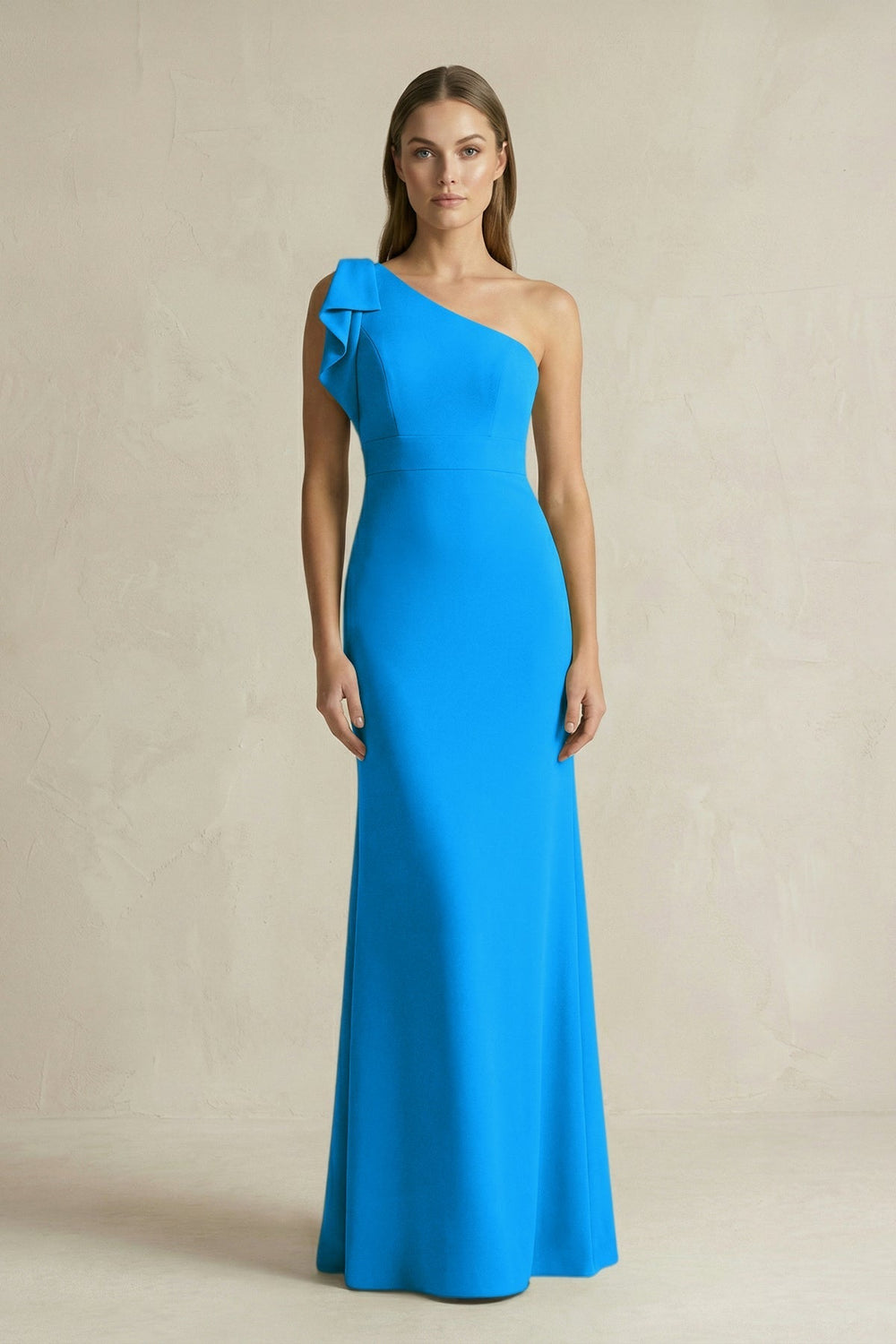 One-Shoulder Sheath Satin Long Bridesmaid Dress in Blue Jay