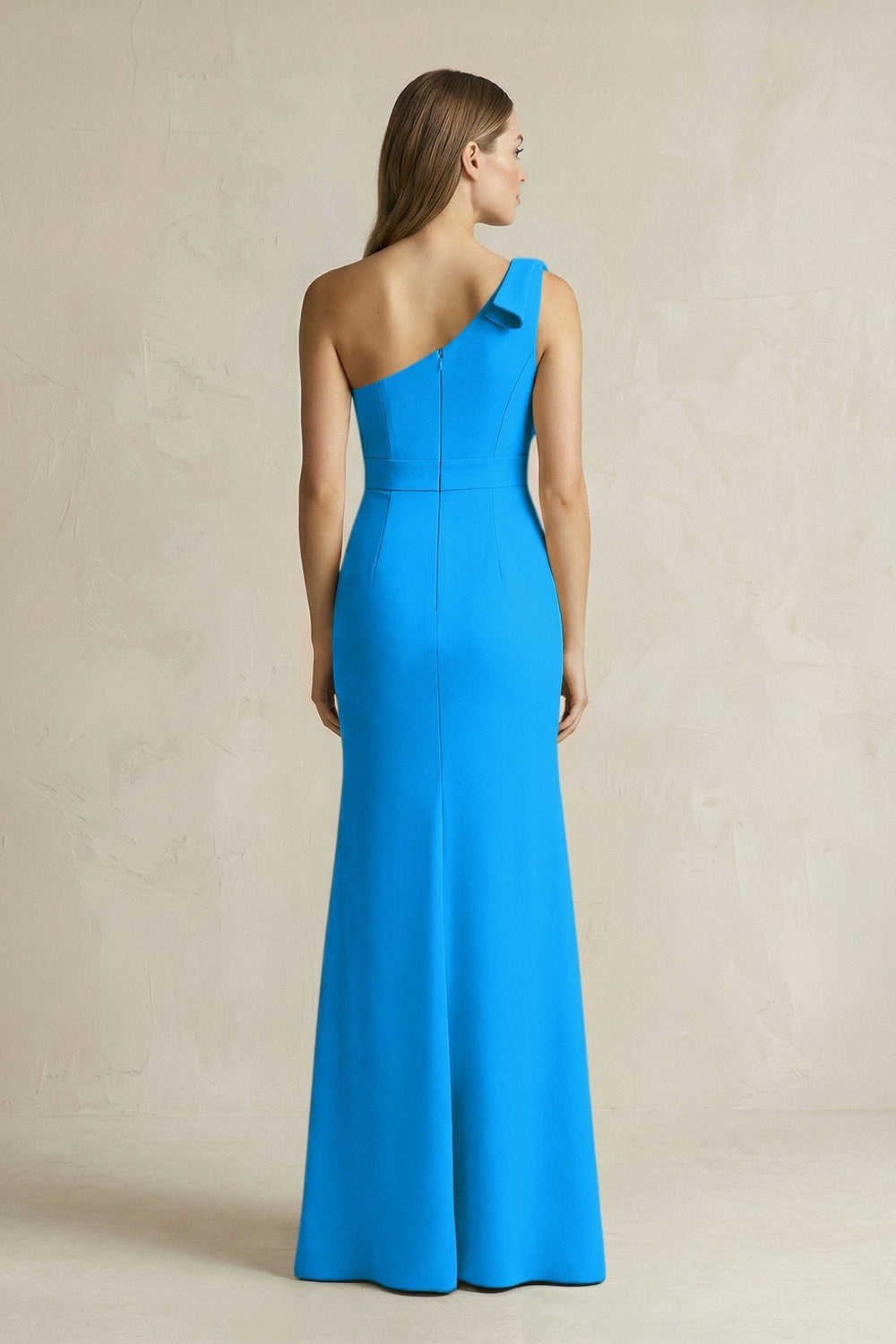 One-Shoulder Sheath Satin Long Bridesmaid Dress in Blue Jay