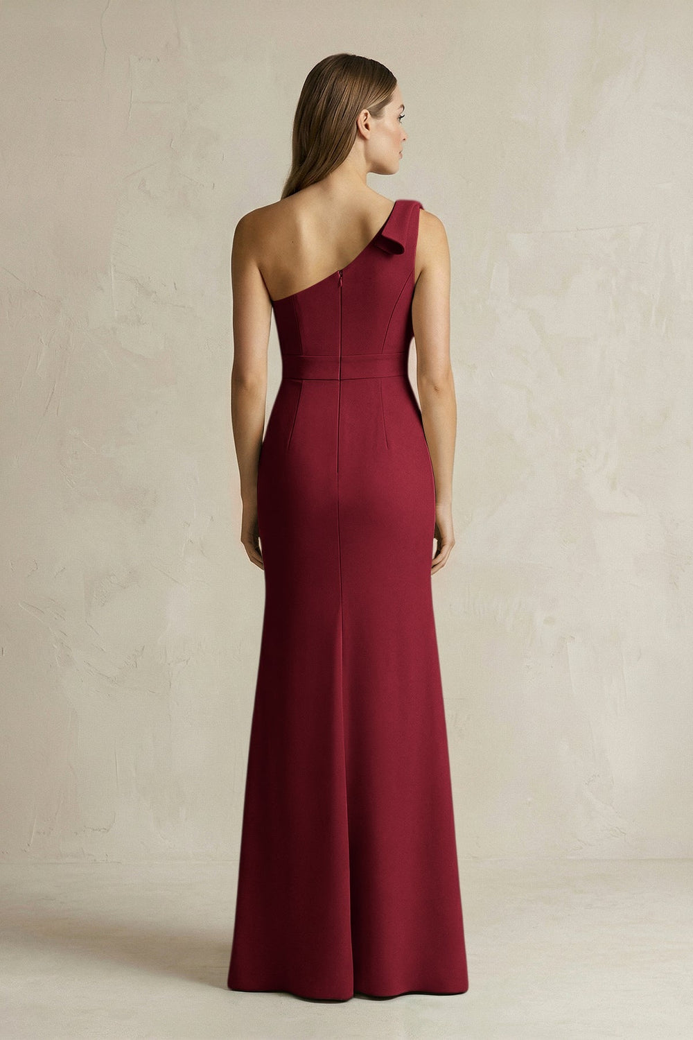 One-Shoulder Sheath Satin Long Bridesmaid Dress in Burgundy
