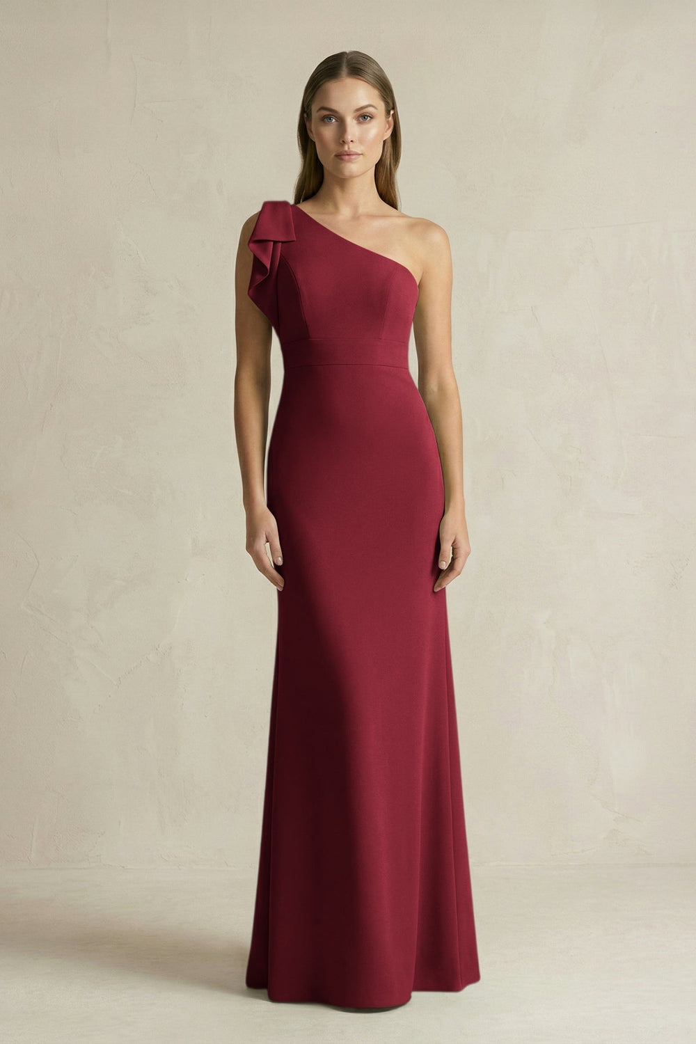 One-Shoulder Sheath Satin Long Bridesmaid Dress in Burgundy