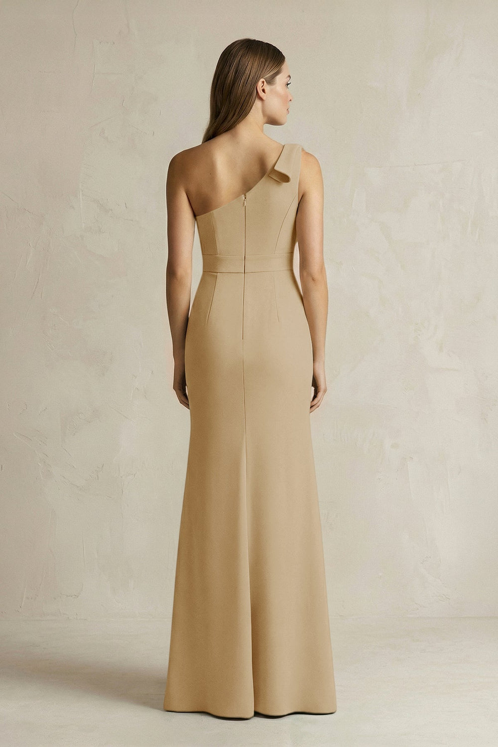 One-Shoulder Sheath Satin Long Bridesmaid Dress in Champagne