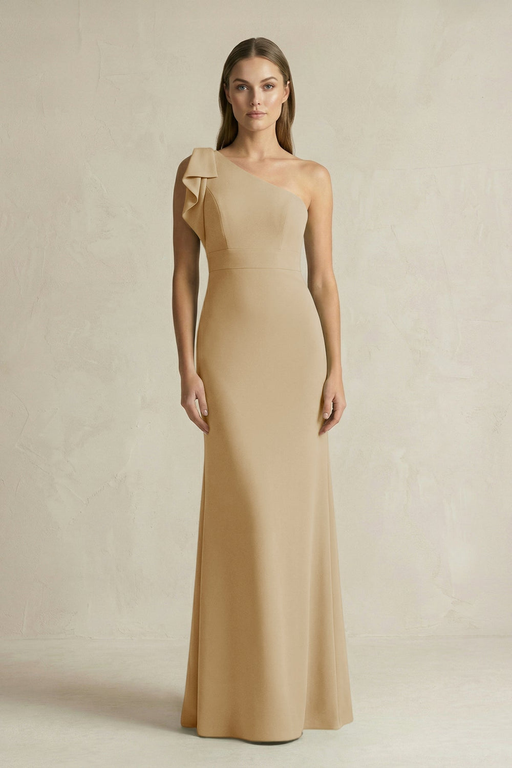 One-Shoulder Sheath Satin Long Bridesmaid Dress in Champagne