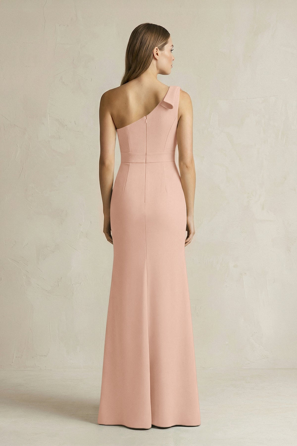 One-Shoulder Sheath Satin Long Bridesmaid Dress in Champagne Rose
