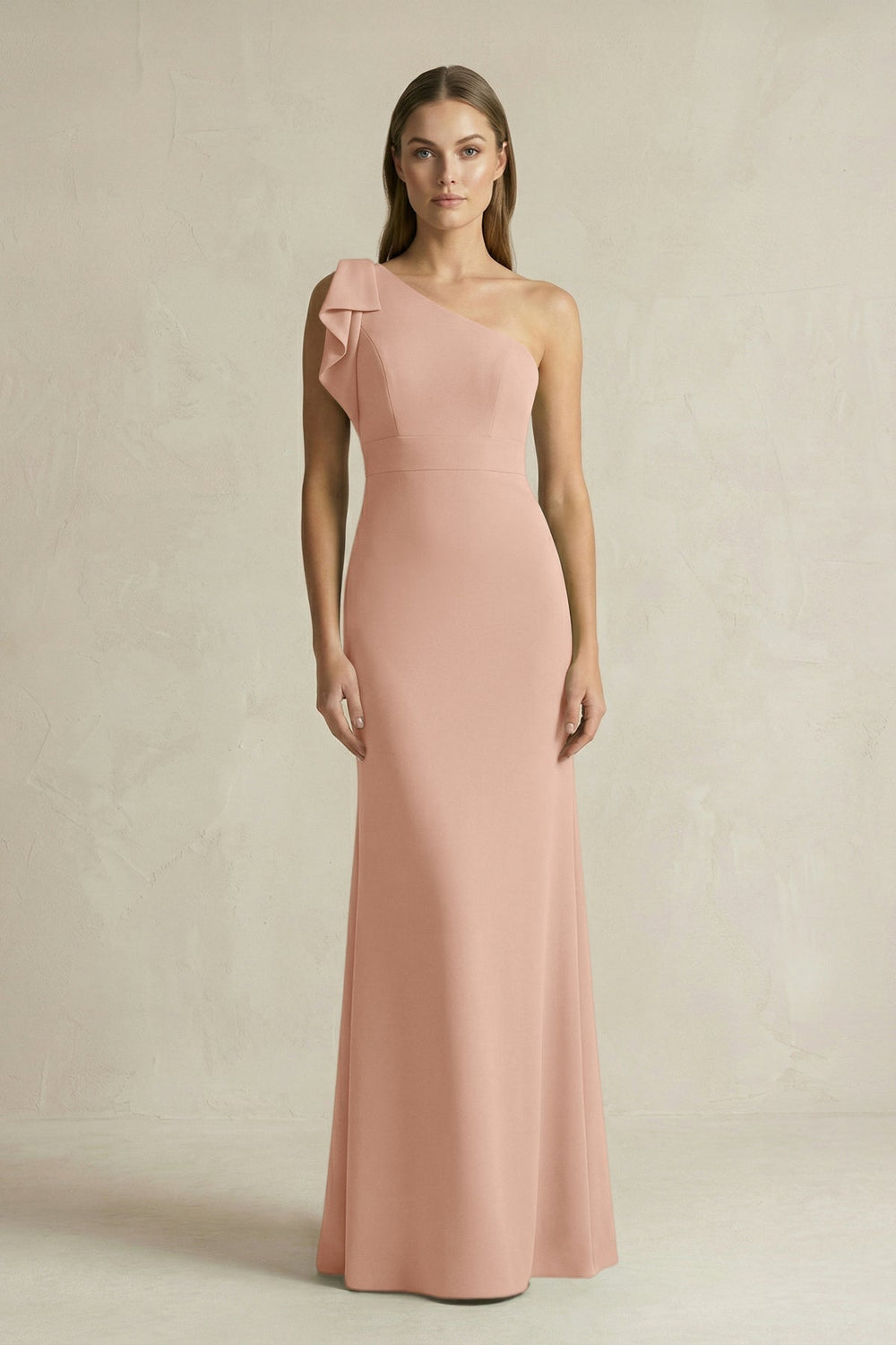 One-Shoulder Sheath Satin Long Bridesmaid Dress in Champagne Rose