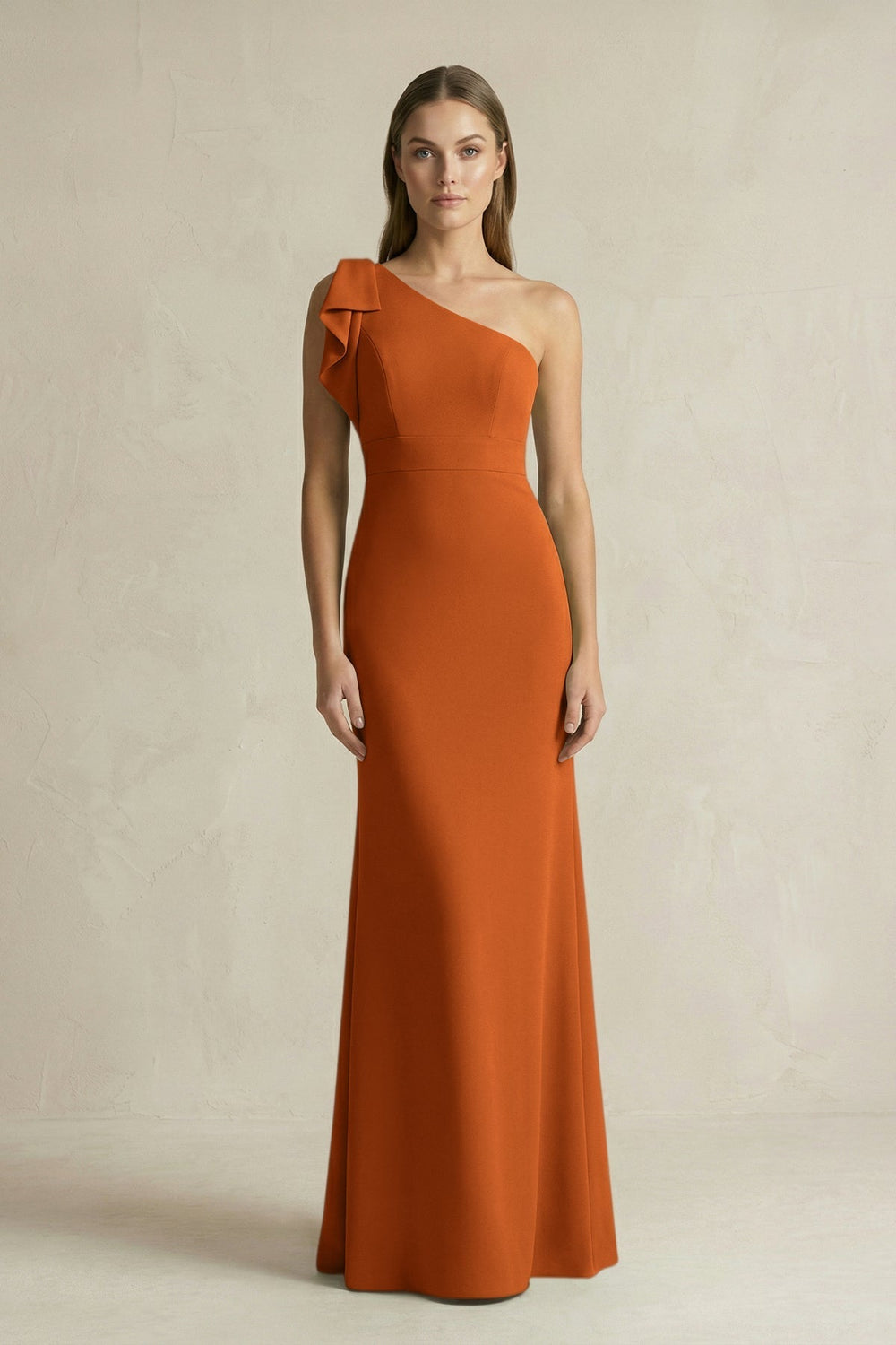 One-Shoulder Sheath Satin Long Bridesmaid Dress in Cinnamon