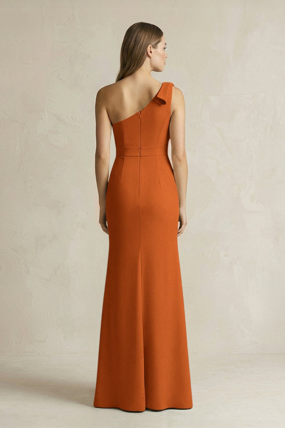 One-Shoulder Sheath Satin Long Bridesmaid Dress in Cinnamon