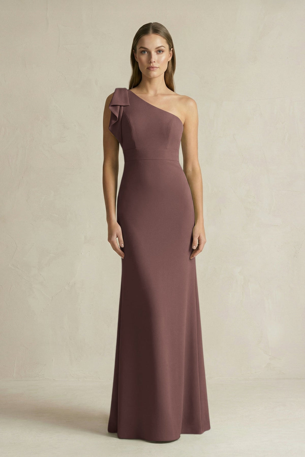 One-Shoulder Sheath Satin Long Bridesmaid Dress in Espresso