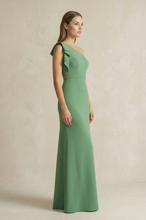 One - Shoulder Sheath Satin Long Bridesmaid Dress in Matcha - KISS BRIDAL Bridesmaid Dresses