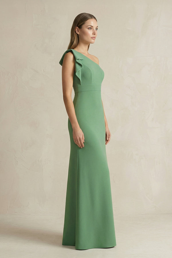One - Shoulder Sheath Satin Long Bridesmaid Dress in Matcha - KISS BRIDAL Bridesmaid Dresses