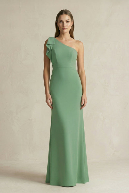 One - Shoulder Sheath Satin Long Bridesmaid Dress in Matcha - KISS BRIDAL Bridesmaid Dresses