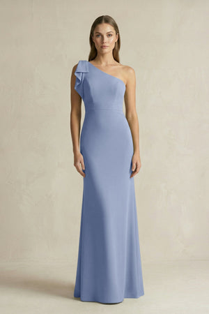 One - Shoulder Sheath Satin Long Bridesmaid Dress in Mist - KISS BRIDAL Bridesmaid Dresses