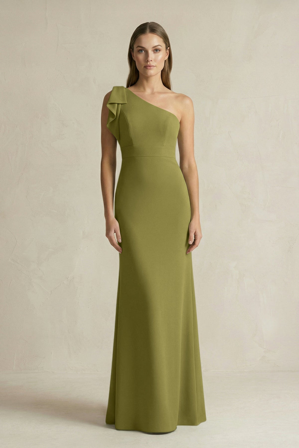 One-Shoulder Sheath Satin Long Bridesmaid Dress in Moss Green