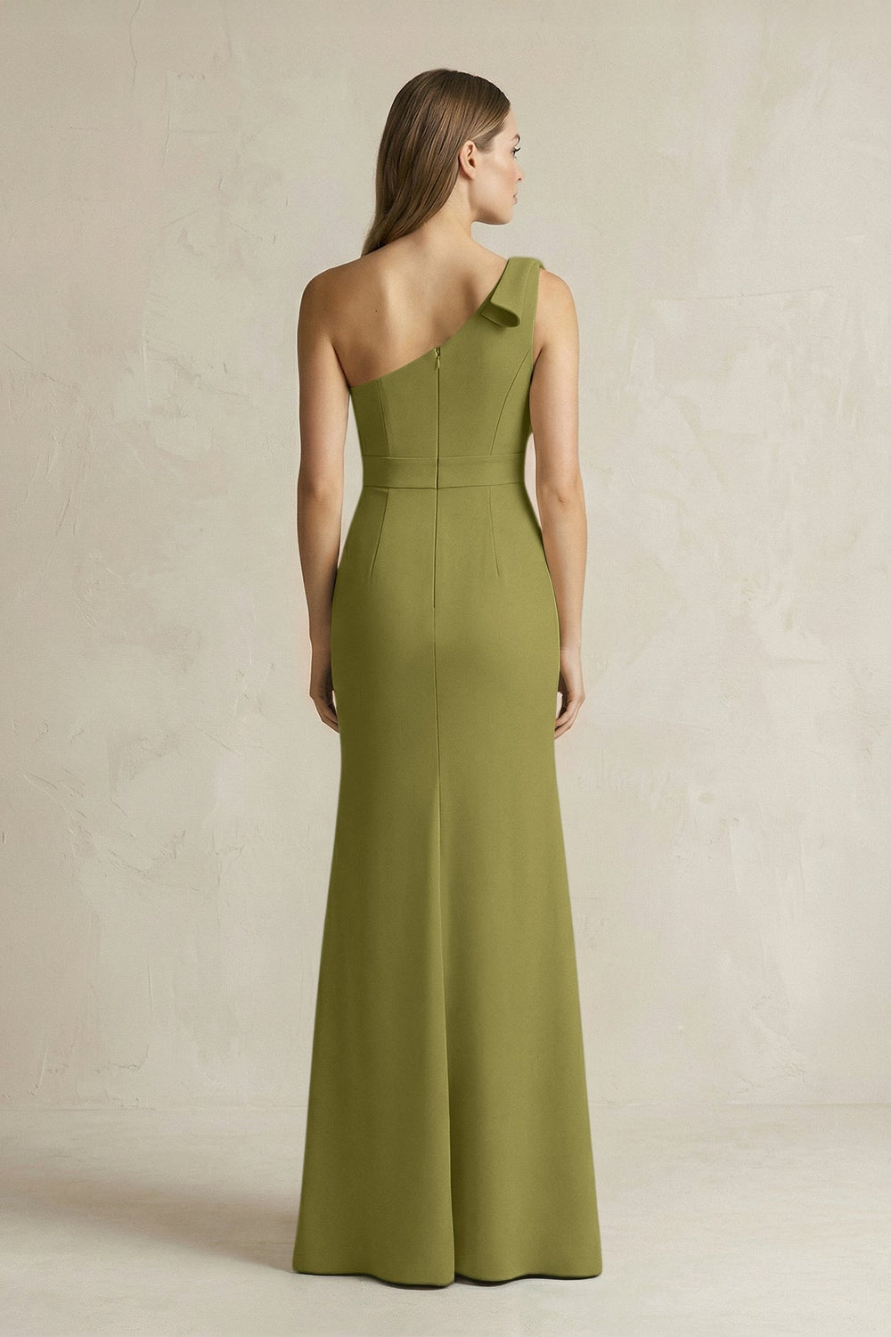 One-Shoulder Sheath Satin Long Bridesmaid Dress in Moss Green