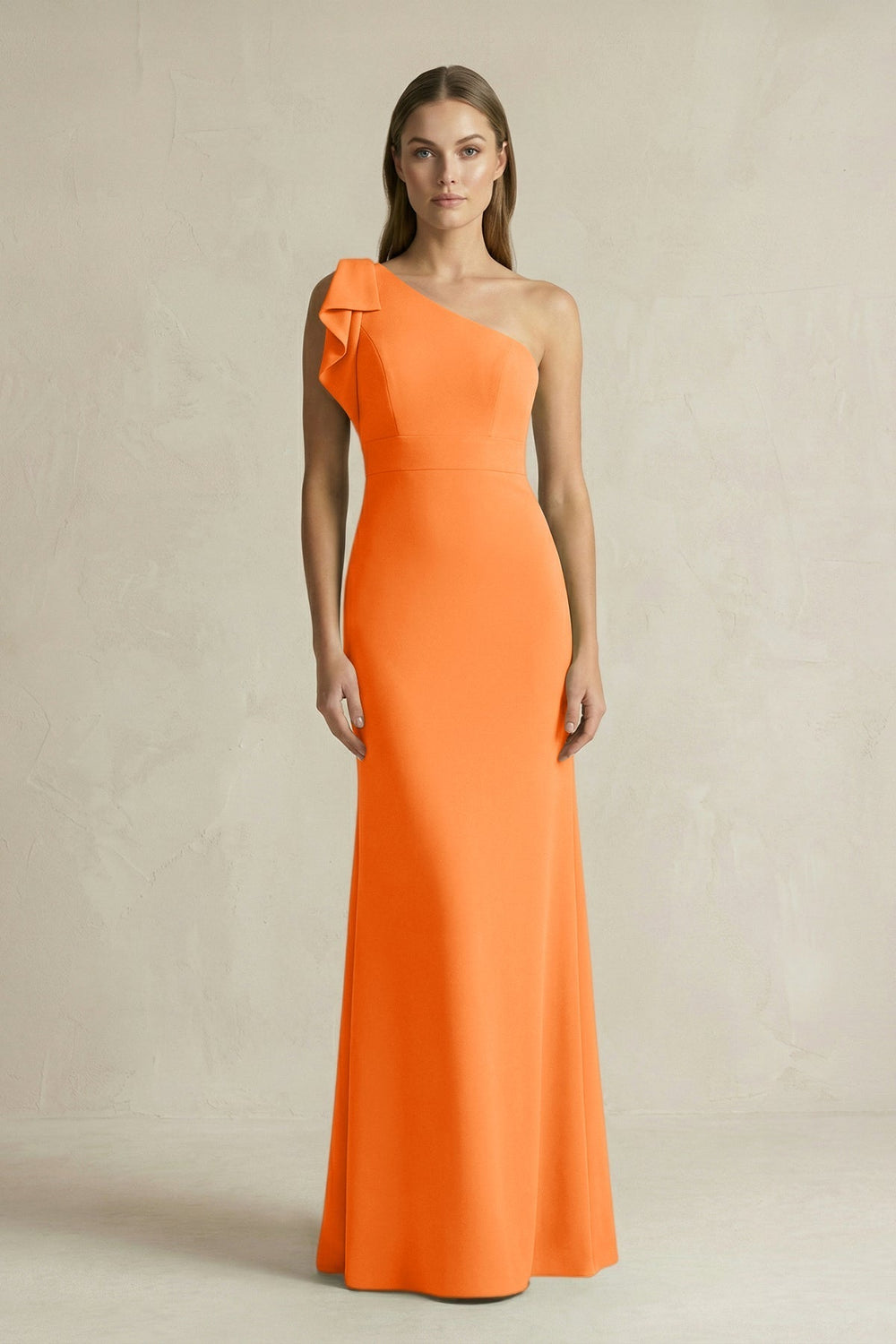 One-Shoulder Sheath Satin Long Bridesmaid Dress in Orange