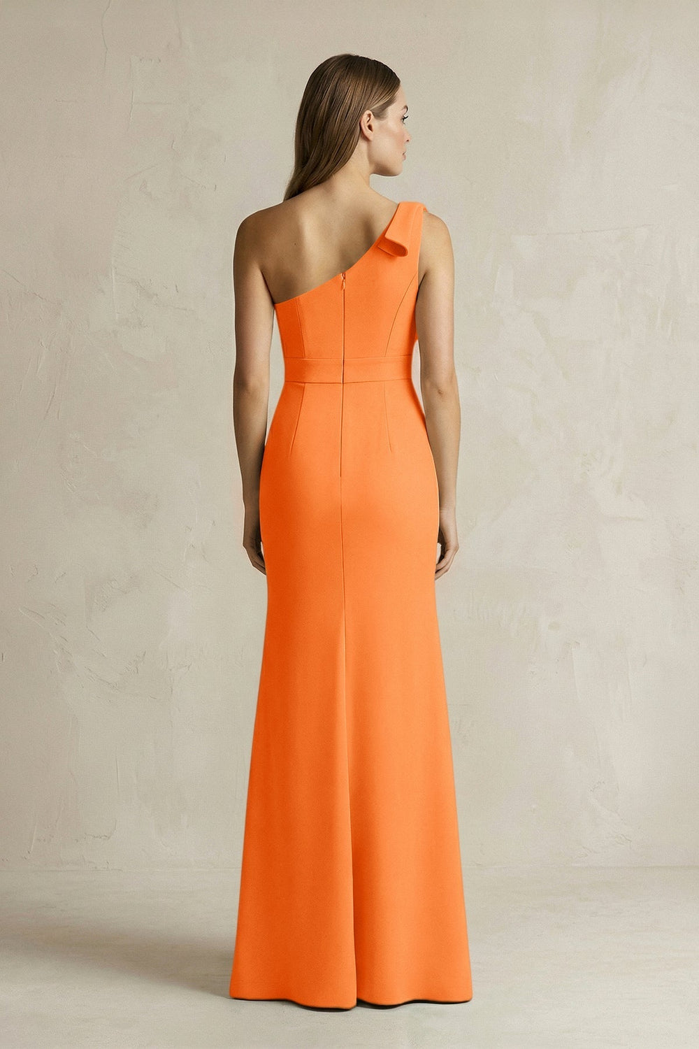 One-Shoulder Sheath Satin Long Bridesmaid Dress in Orange