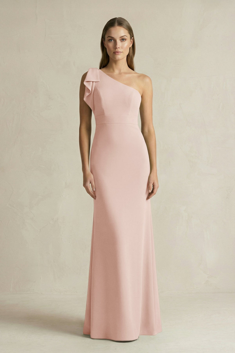 One-Shoulder Sheath Satin Long Bridesmaid Dress in Pale Blush