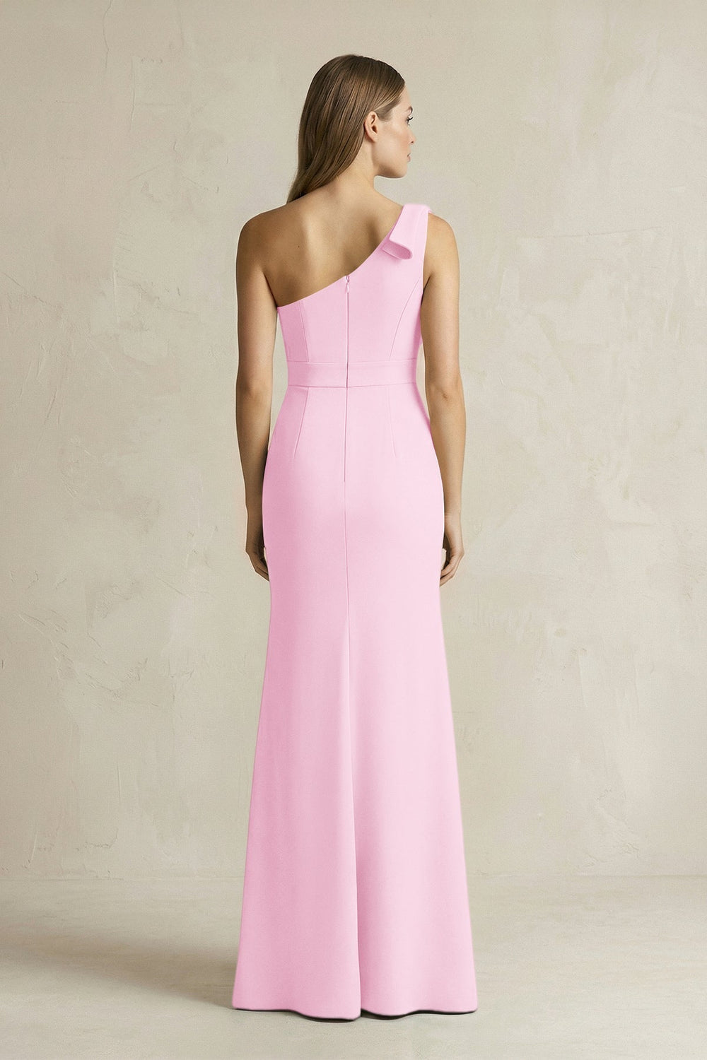One-Shoulder Sheath Satin Long Bridesmaid Dress in Pink