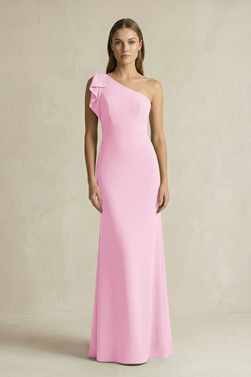 One-Shoulder Sheath Satin Long Bridesmaid Dress in Pink