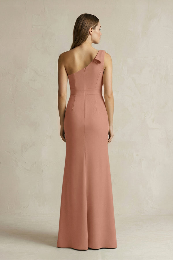 One - Shoulder Sheath Satin Long Bridesmaid Dress in Rosette - KISS BRIDAL Bridesmaid Dresses