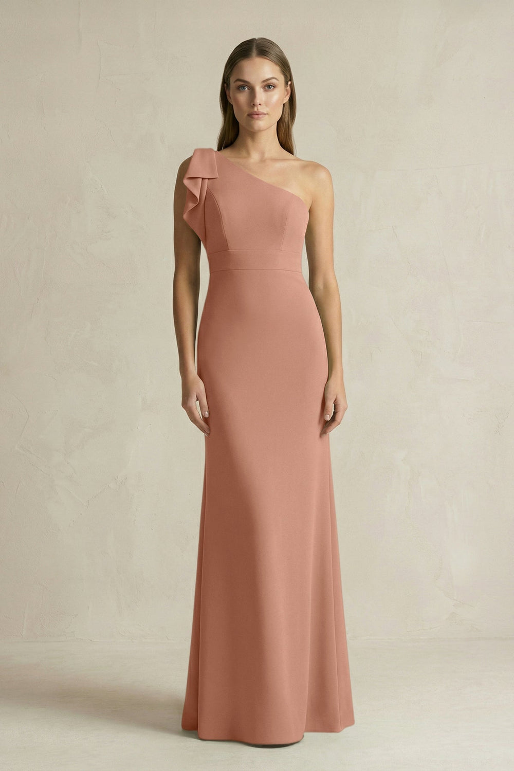 One-Shoulder Sheath Satin Long Bridesmaid Dress in Rosette
