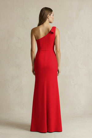 One - Shoulder Sheath Satin Long Bridesmaid Dress in Ruby Red - KISS BRIDAL Bridesmaid Dresses