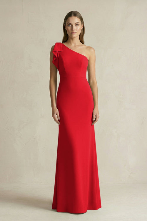 One - Shoulder Sheath Satin Long Bridesmaid Dress in Ruby Red - KISS BRIDAL Bridesmaid Dresses
