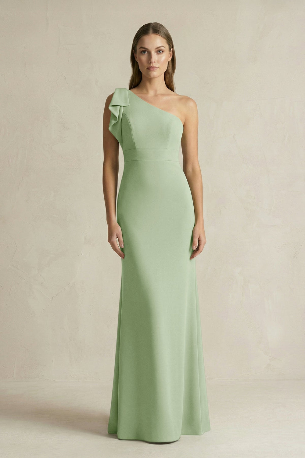 One-Shoulder Sheath Satin Long Bridesmaid Dress in Sage