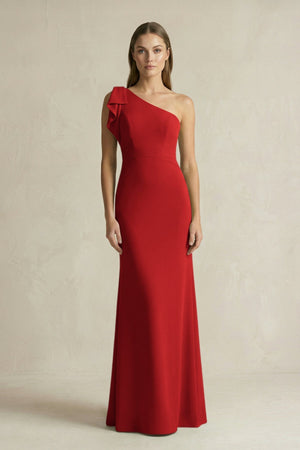 One - Shoulder Sheath Satin Long Bridesmaid Dress in Spice - KISS BRIDAL Bridesmaid Dresses
