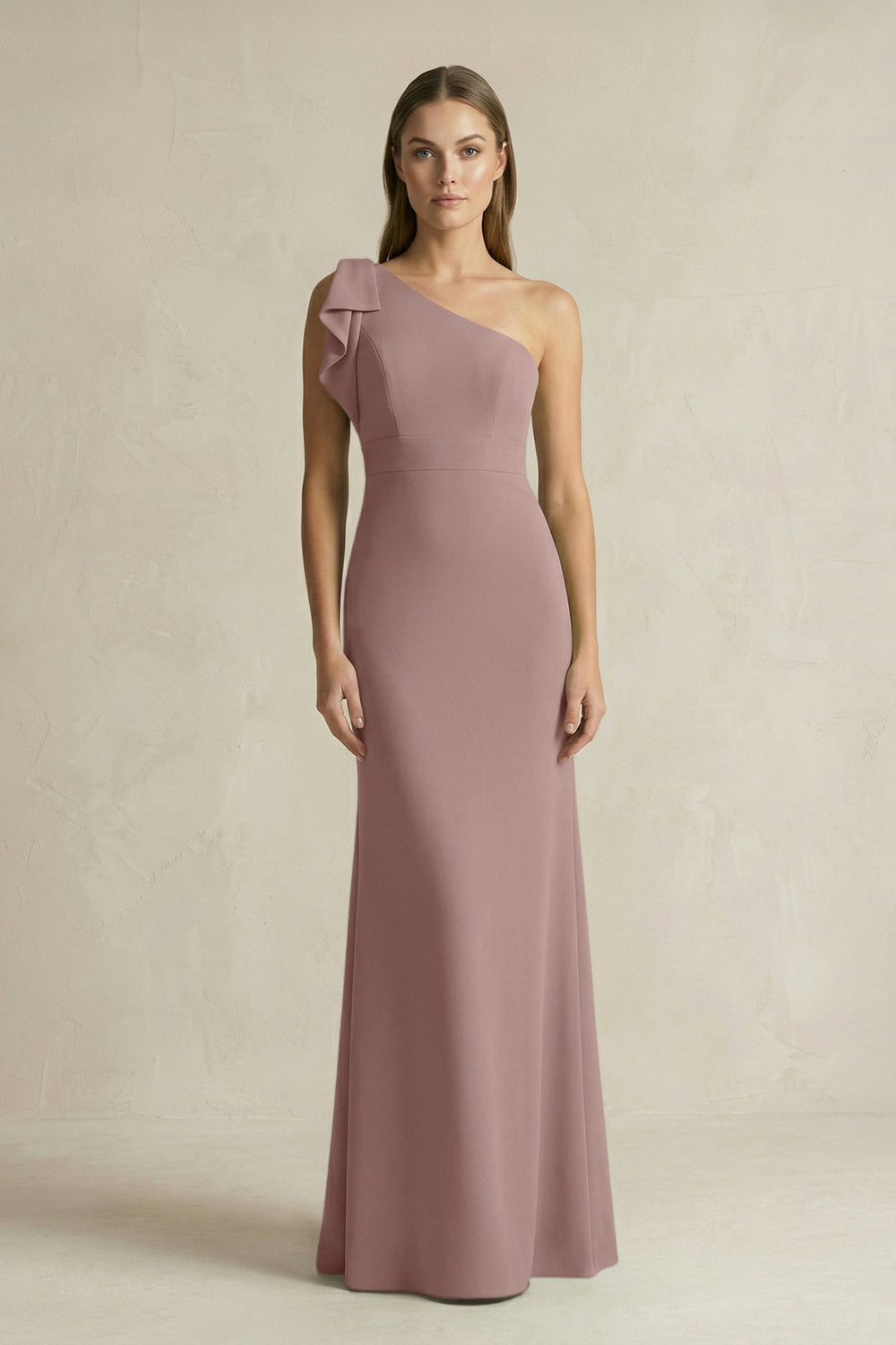 One-Shoulder Sheath Satin Long Bridesmaid Dress in Toffee