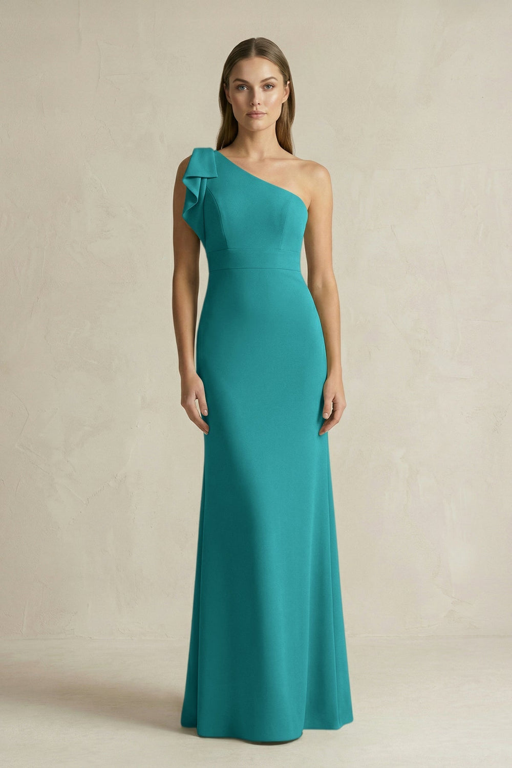 One-Shoulder Sheath Satin Long Bridesmaid Dress in Turquoise