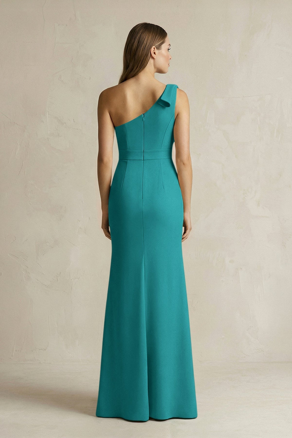 One-Shoulder Sheath Satin Long Bridesmaid Dress in Turquoise