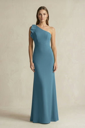 One - Shoulder Sheath Satin Long Bridesmaid Dress in Twilight - KISS BRIDAL Bridesmaid Dresses