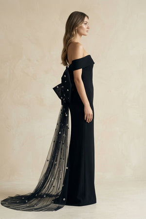 One - Shoulder Sheath Satin Wedding Dress With Back Bow in Black - KISS BRIDAL Wedding Dresses