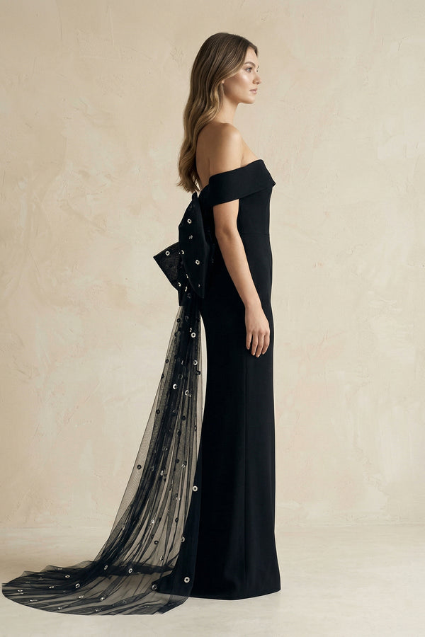 One - Shoulder Sheath Satin Wedding Dress With Back Bow in Black - KISS BRIDAL Wedding Dresses