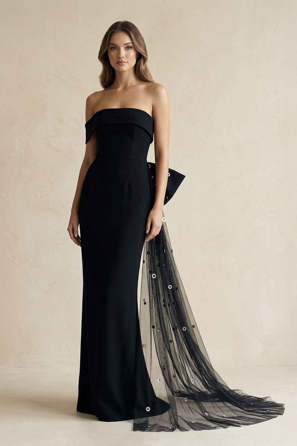 One-Shoulder Sheath Satin Wedding Dress With Back Bow in Black