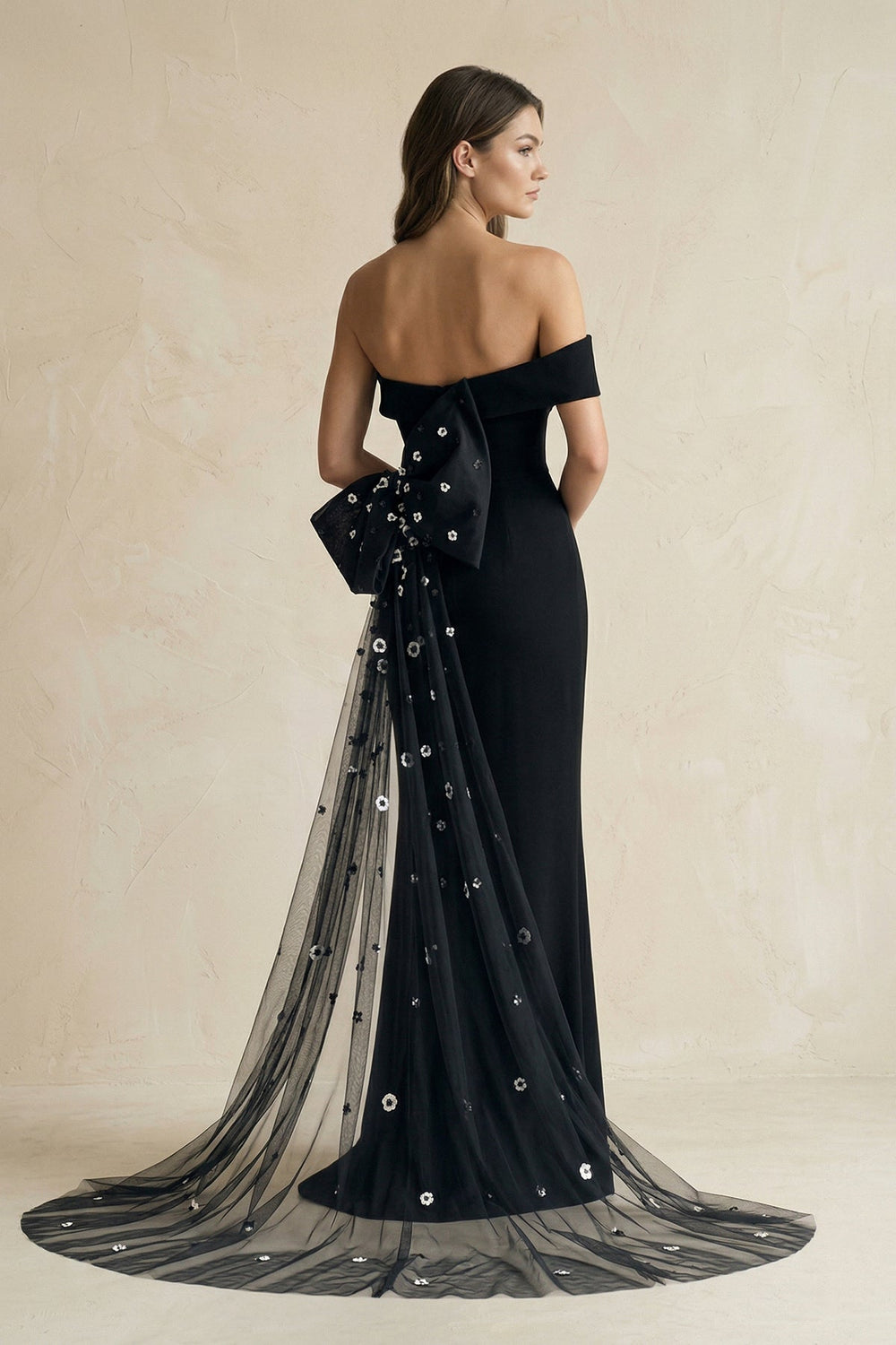 One-Shoulder Sheath Satin Wedding Dress With Back Bow in Black