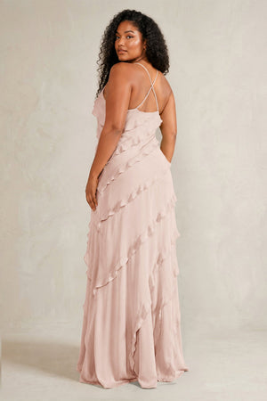 Pale Blush Spaghetti Straps Sheath Stain Ruffled Bridesmaid Dress (4) | KISSBRIDAL[sizeplus]
