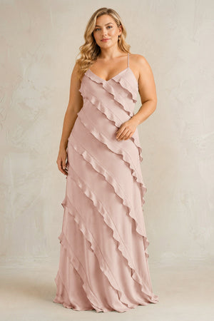 Pale Blush Spaghetti Straps Sheath Stain Ruffled Bridesmaid Dress | KISSBRIDAL[sizeplus]