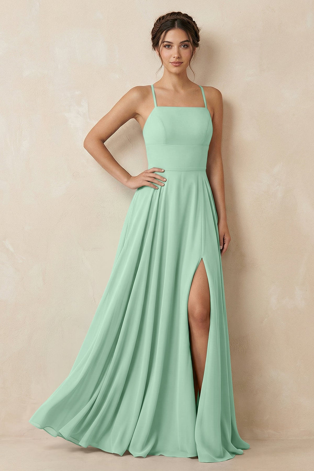 A-Line Chiffon Bridesmaid Dress With Slit in Pale Pistachio