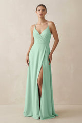 Pale Pistachio A-Line Chiffon Long Bridesmaid Dress With Slit | KISSBRIDAL