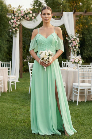 Chiffon A-Line Long Bridesmaid Dress in Pale Pistachio - KISS BRIDAL BRIDESMAID DRESSES